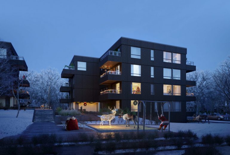 Architectural Visualization Reasidential Building Christmas Night Snow Santa Claus Raindeer