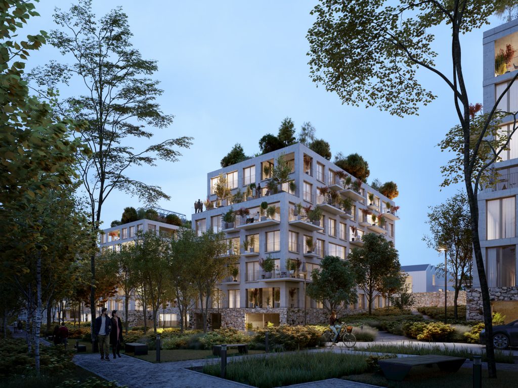 Early-evening architectural visualization for a residential building in Paris, France