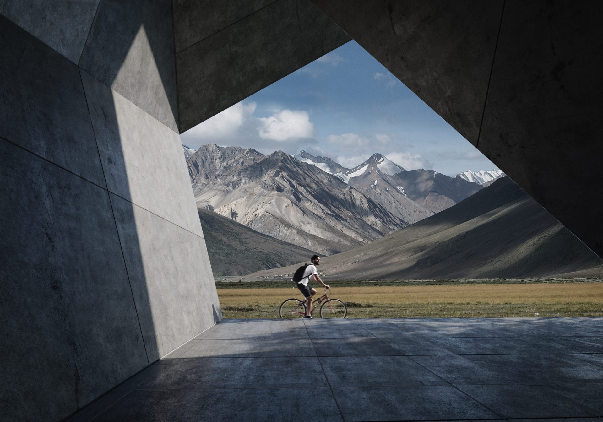 Mountain biking concrete architectural visualization matte painting