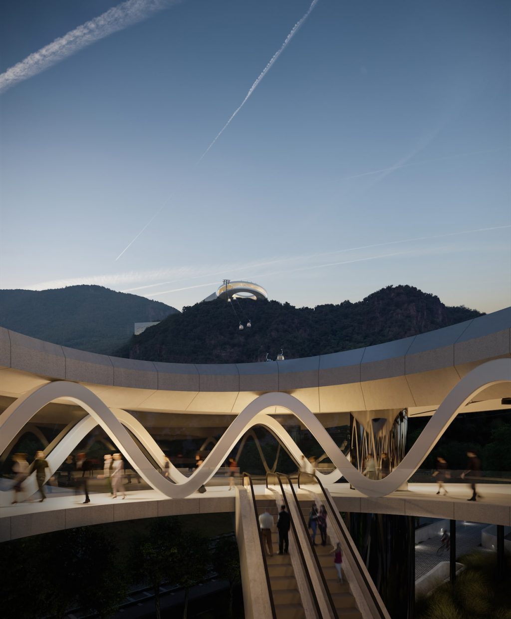 Viva Virgolo Cable Car Bolzano rendering mountain dusk warm light interior