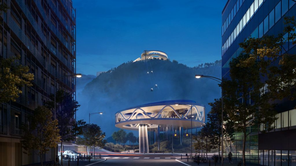 Viva Virgolo Cable Car Bolzano eye-level street view rendering mountain night