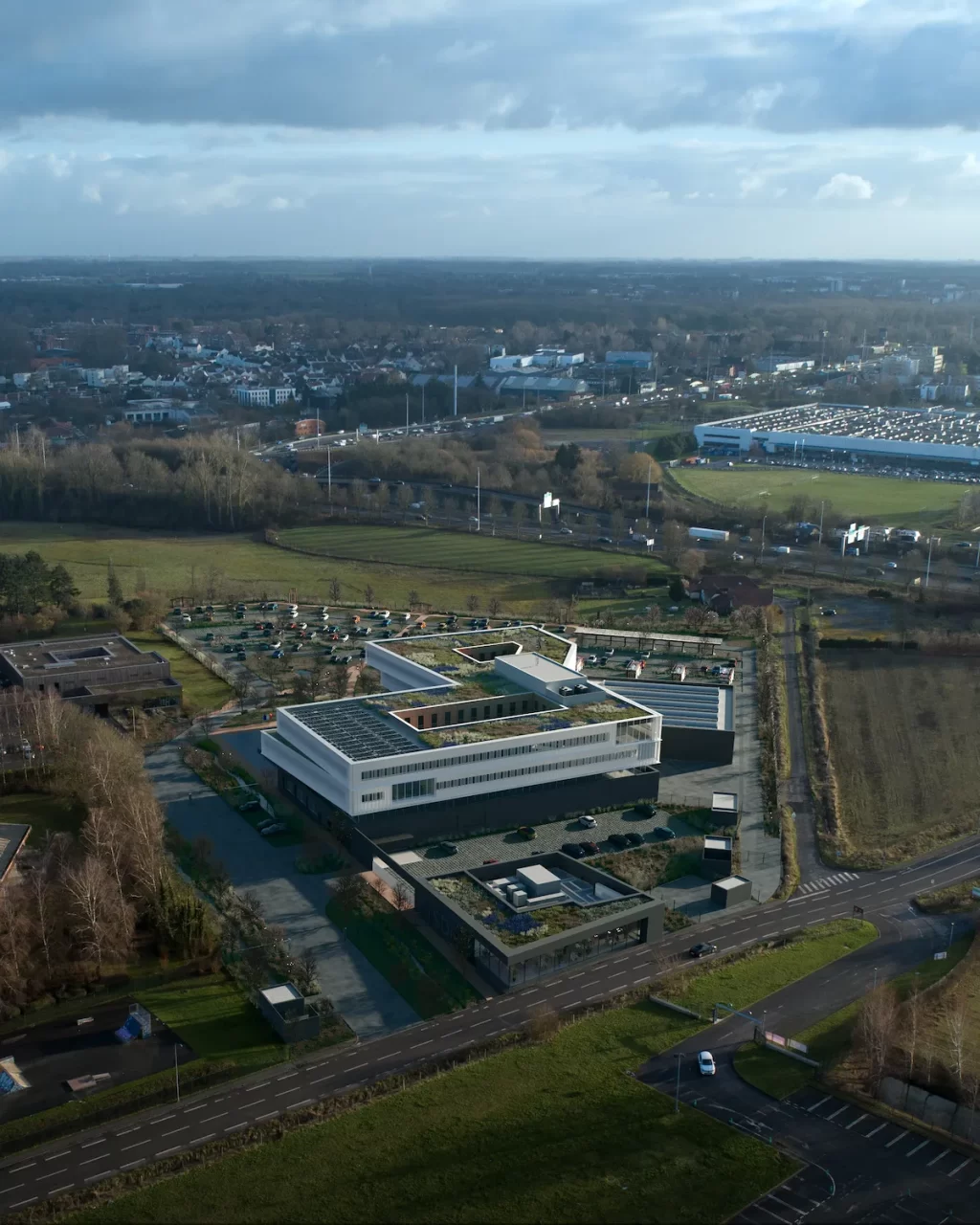 Aerial view of a modern fire department office in Northern France