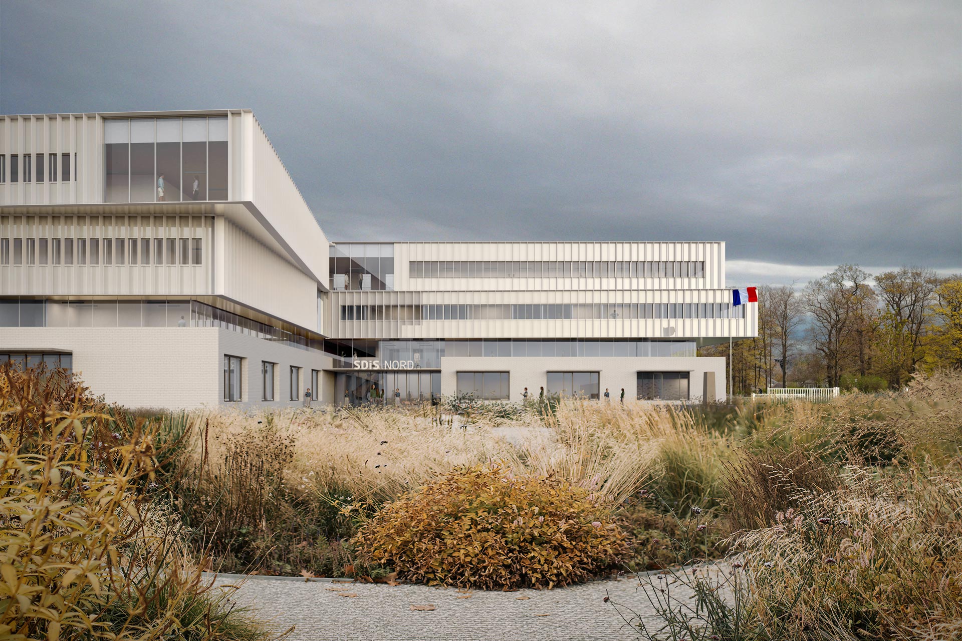 Eye-level rendering of a modern fire department office in Northern France